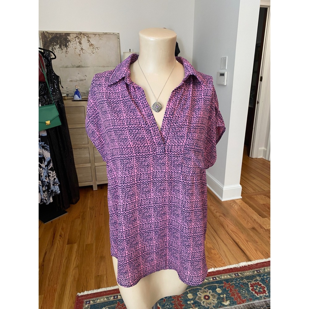 Pleione Pink Navy Abstract Print V-Neck Short Sleeve Blouse Top Sz M 58450